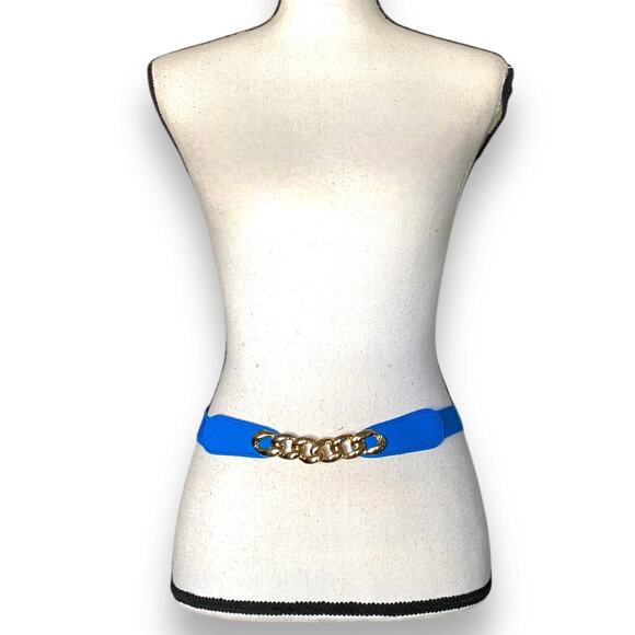 Vntg Gold Chain Buckle Cinch Waist Belt Cobalt Blue Elastic Stretch Narrow Y2k - Picture 2 of 11